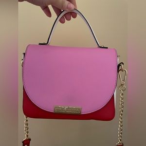 red, pink and white steve madden purse